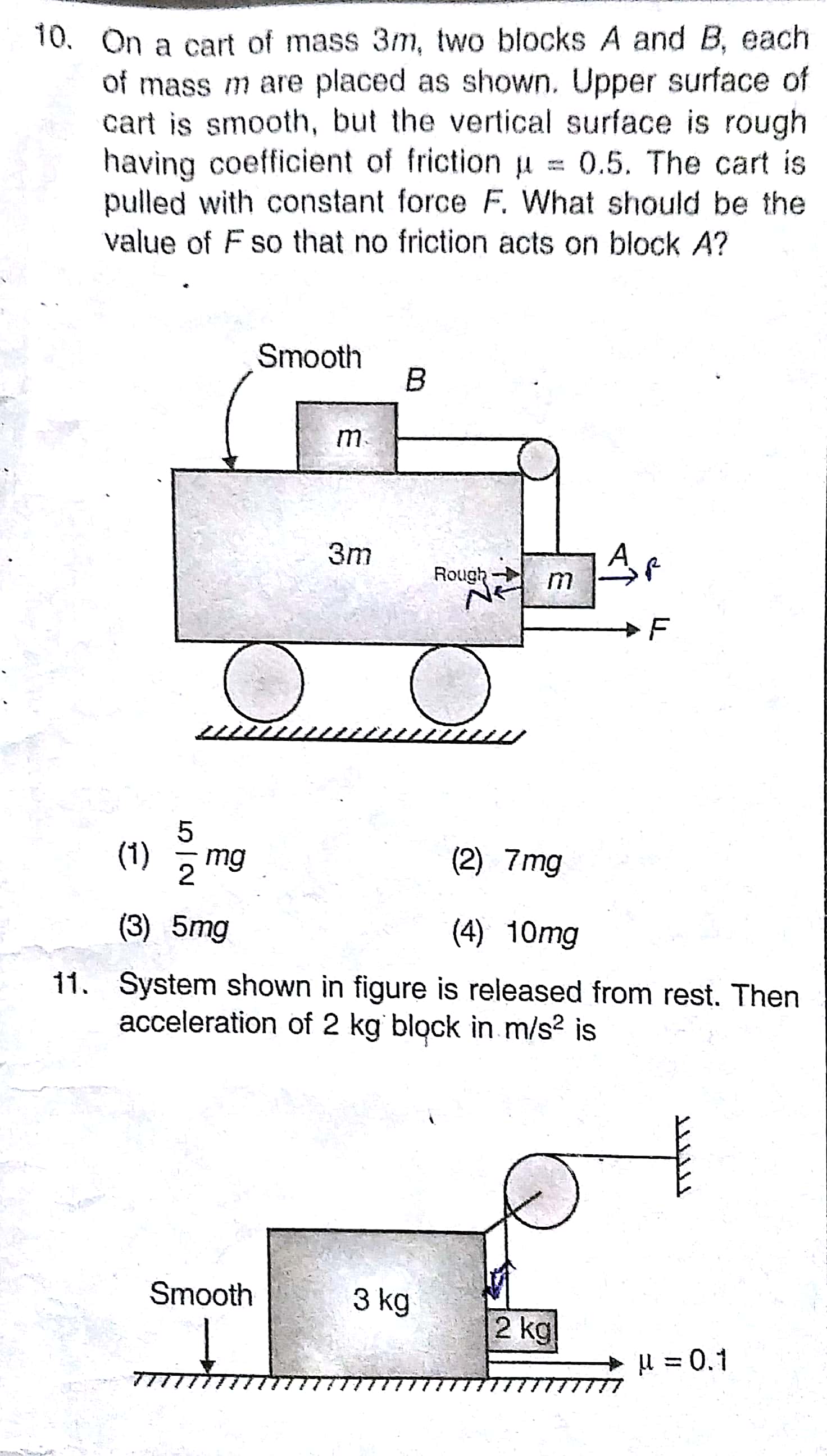 Question image for on a cart of mass 3m two blocks a and b, each of